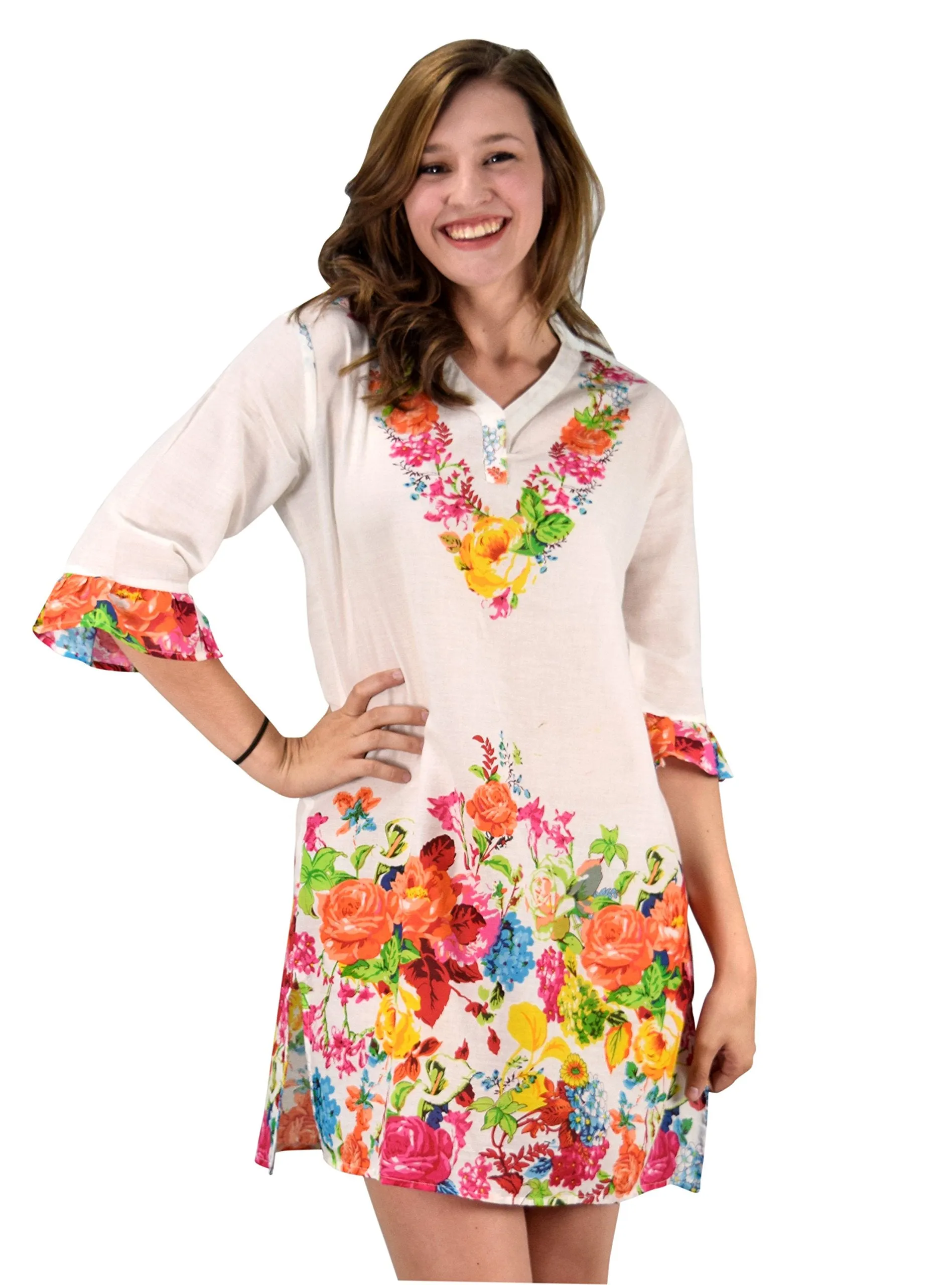 100% Cotton Bohemian Floral Summer Tunics Beach Cover Ups