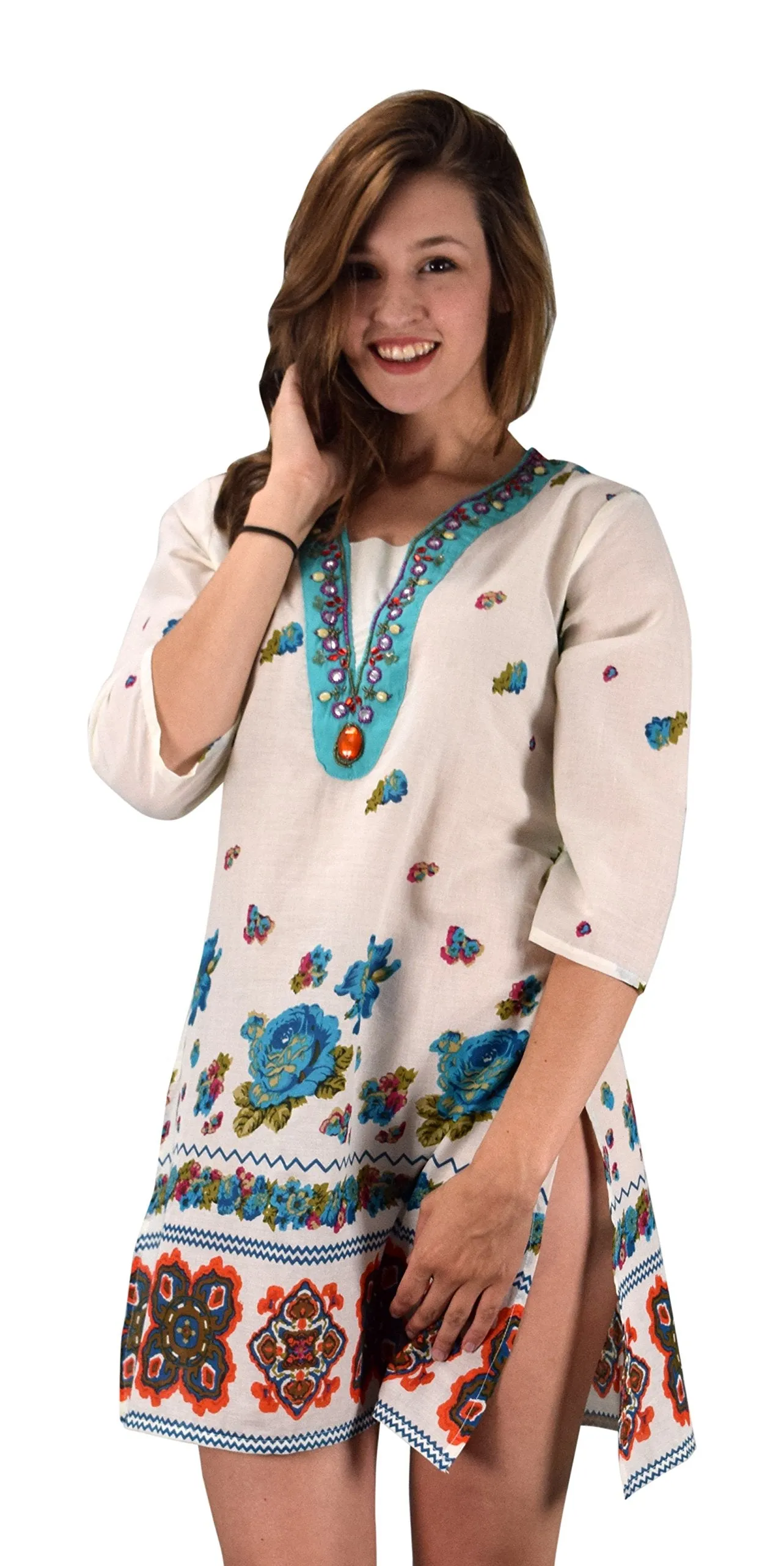 100% Cotton Bohemian Floral Summer Tunics Beach Cover Ups