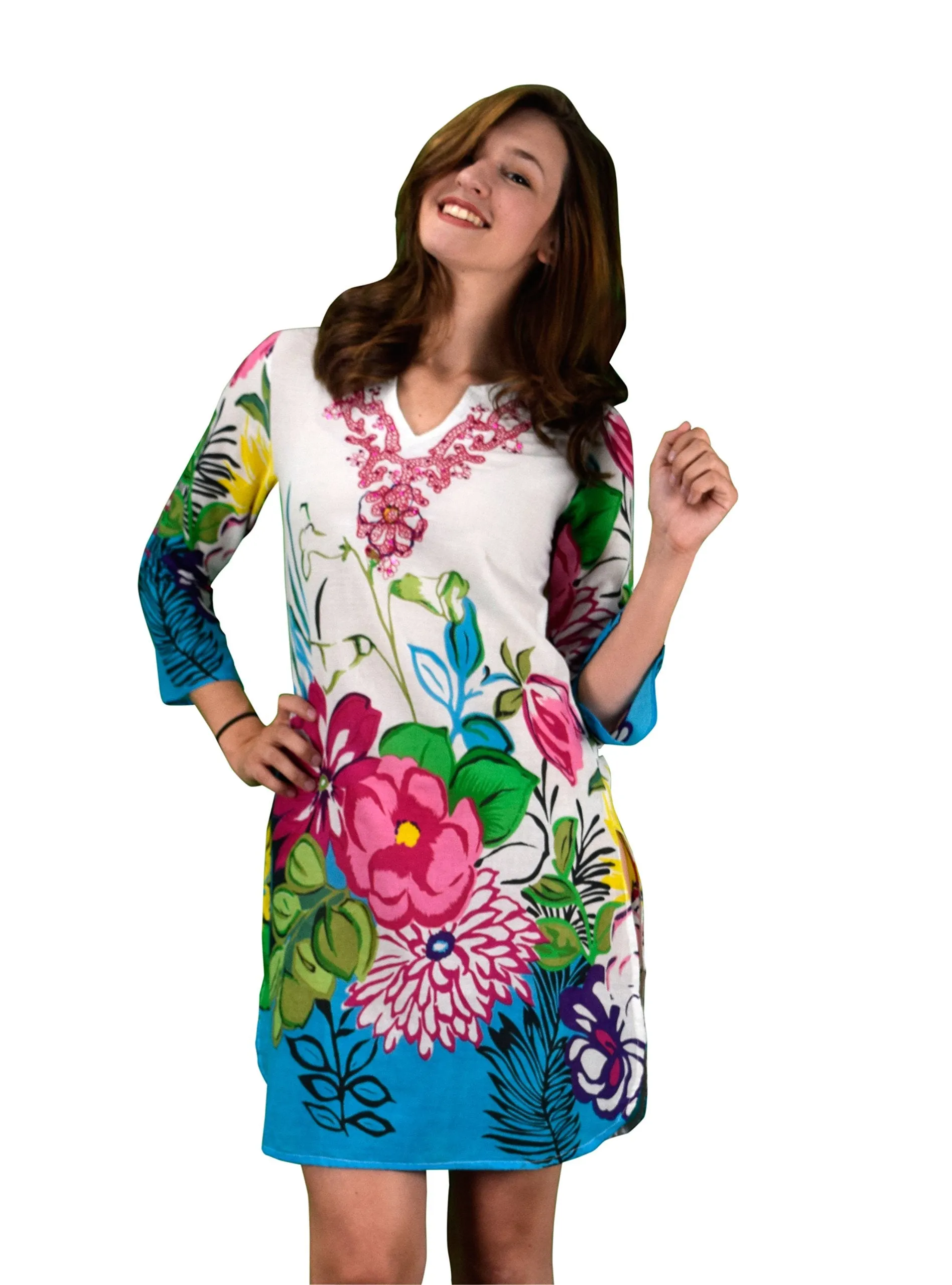 100% Cotton Bohemian Floral Summer Tunics Beach Cover Ups