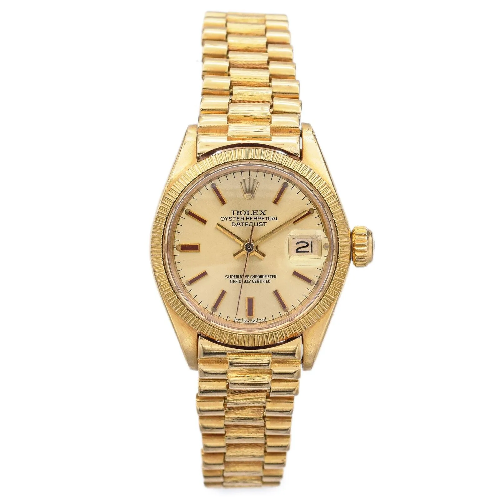 1973 Rolex Datejust Ladies Bark Finish 18K Yellow Gold Automatic Watch Ref 6927