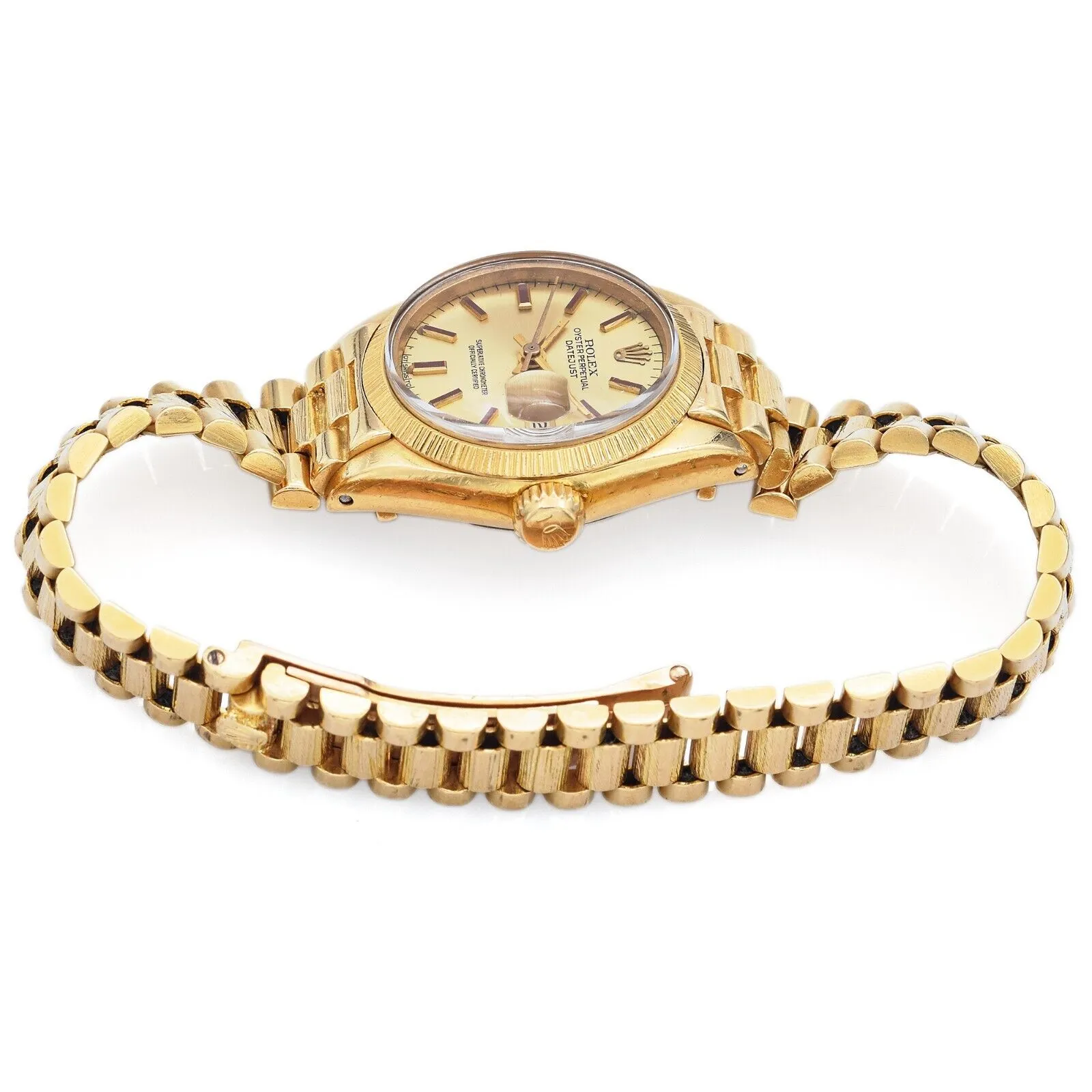 1973 Rolex Datejust Ladies Bark Finish 18K Yellow Gold Automatic Watch Ref 6927