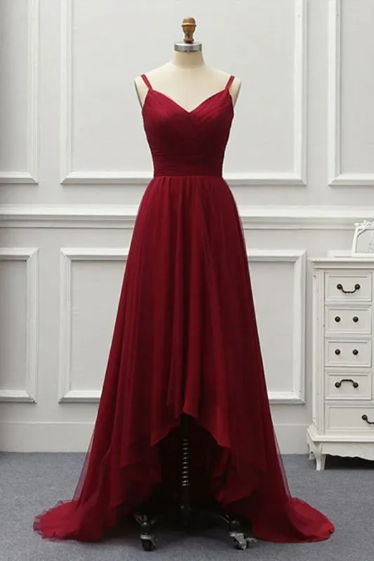 A Line High Low Tulle Prom with Train Burgundy V Neck Backless Formal Dress