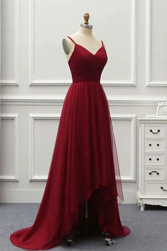 A Line High Low Tulle Prom with Train Burgundy V Neck Backless Formal Dress