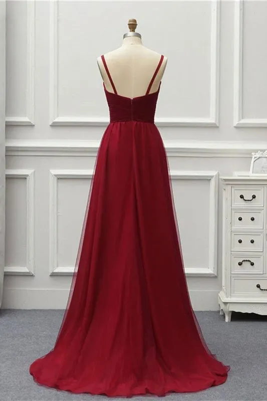 A Line High Low Tulle Prom with Train Burgundy V Neck Backless Formal Dress