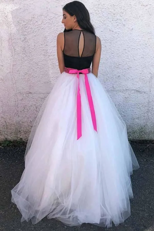 A Line Ivory Tulle Prom Black Top Floor Length Formal Dress with Beading Waist