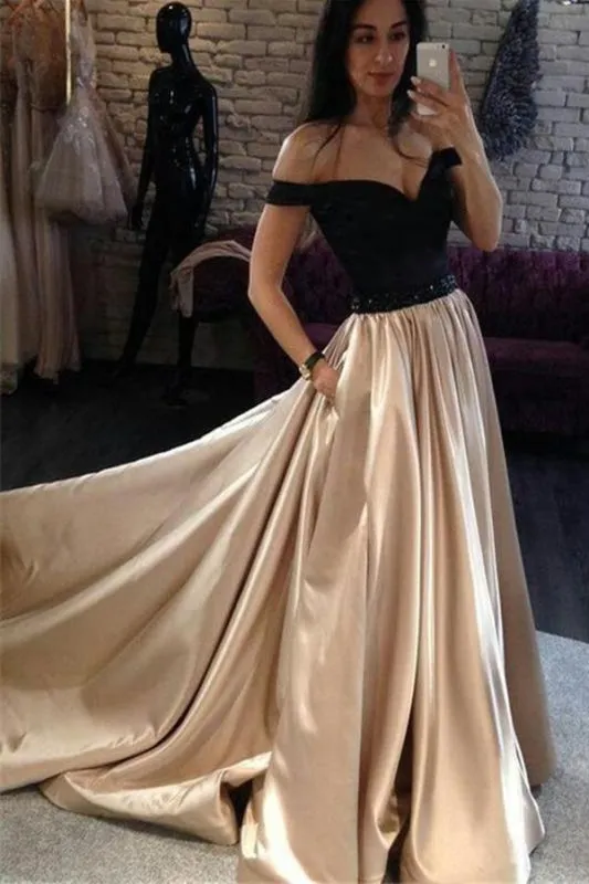 A Line Off the Shoulder Long Prom Floor Length Sexy Evening Dress with Black Top