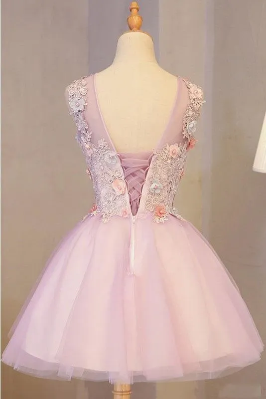 A Line Pink Tulle Homecoming Flowers Short Prom Dress with Beads