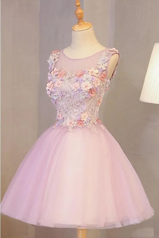 A Line Pink Tulle Homecoming Flowers Short Prom Dress with Beads