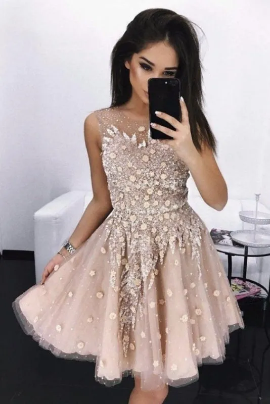 A Line Round Neck Tulle Beading Homecoming Dresses Applique Short Graduation Dress