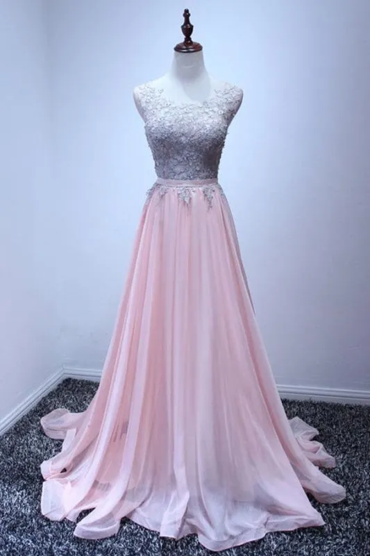 A Line Sleeveless Chiffon Long Appliqued Prom Dress Pink Formal Dresses