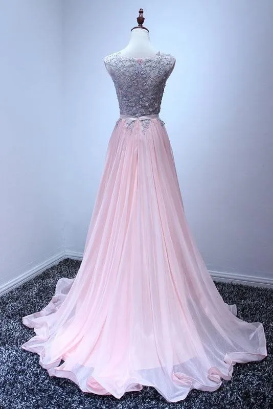 A Line Sleeveless Chiffon Long Appliqued Prom Dress Pink Formal Dresses