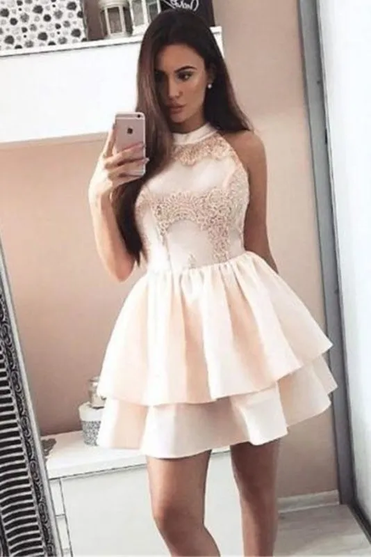 A Line Sleeveless Mini Homecoming Dresses Short Two Layers Prom Dress with Appliques