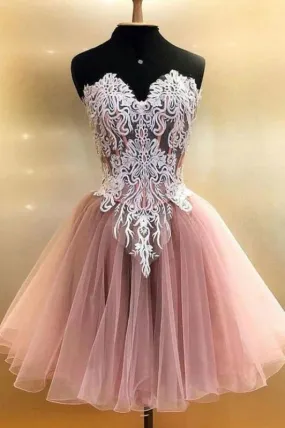 A Line Sweetheart Tulle Homecoming with Lace Appliques Cute Short Prom Dress