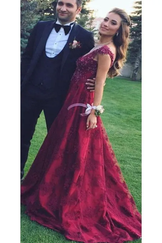 A Line V Neck Sleeveless Appliques Prom Dark Red Popular Evening Dresses