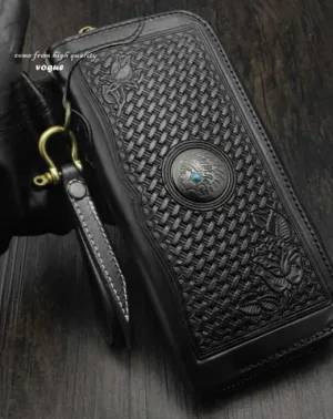 Black Tooled Leather Men's Zipper Long Wallet Biker Wallet Biker Chain Wallet For Men