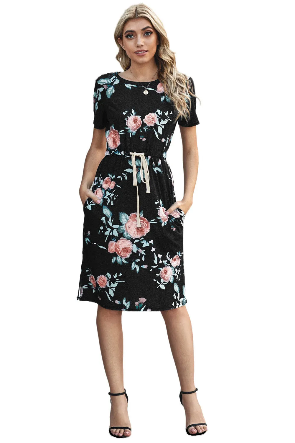 Casual Black Short Sleeve Pocketed Drawstring Midi Floral Dress