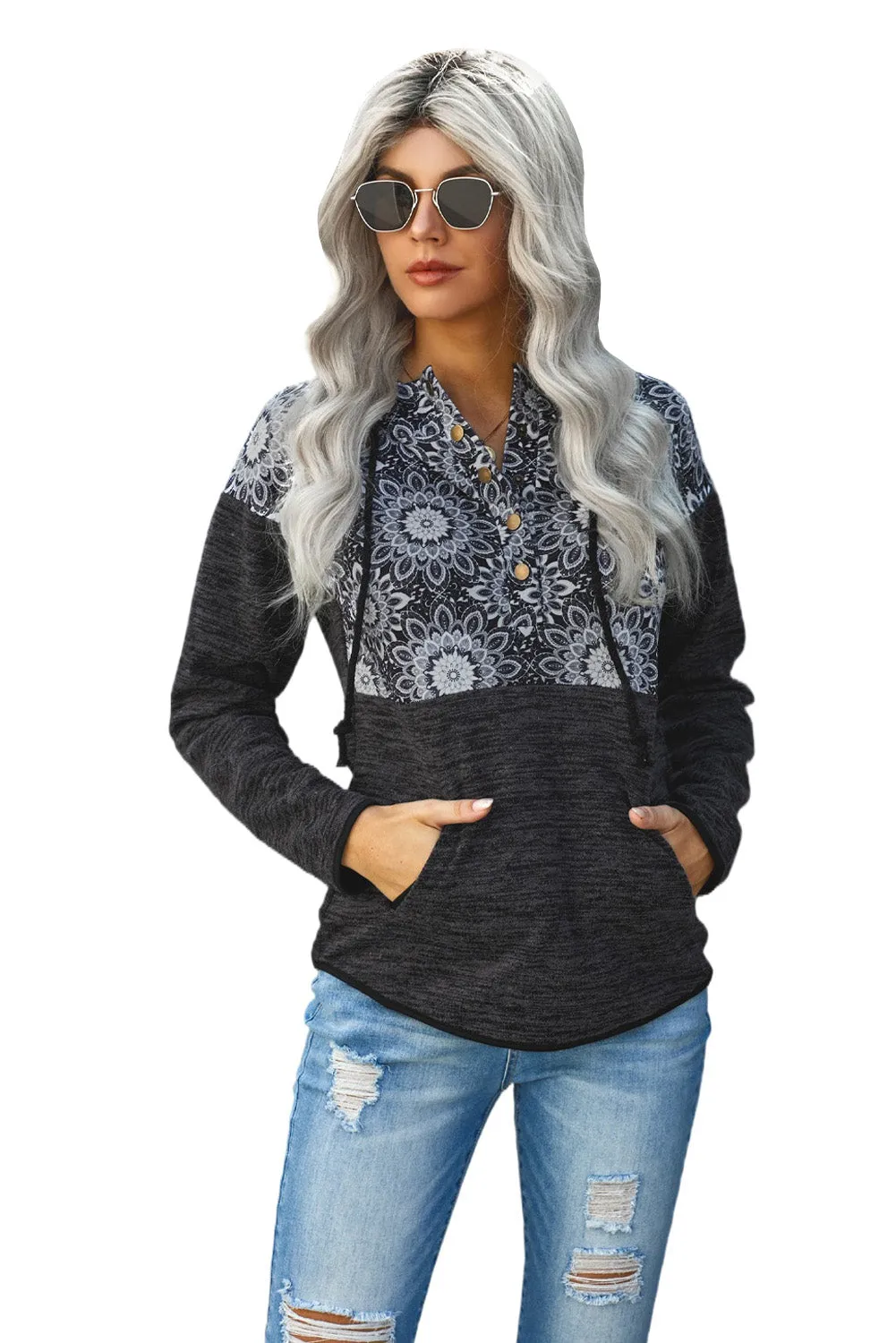 Casual Black Tribal Print Vintage Pocket Hoodie