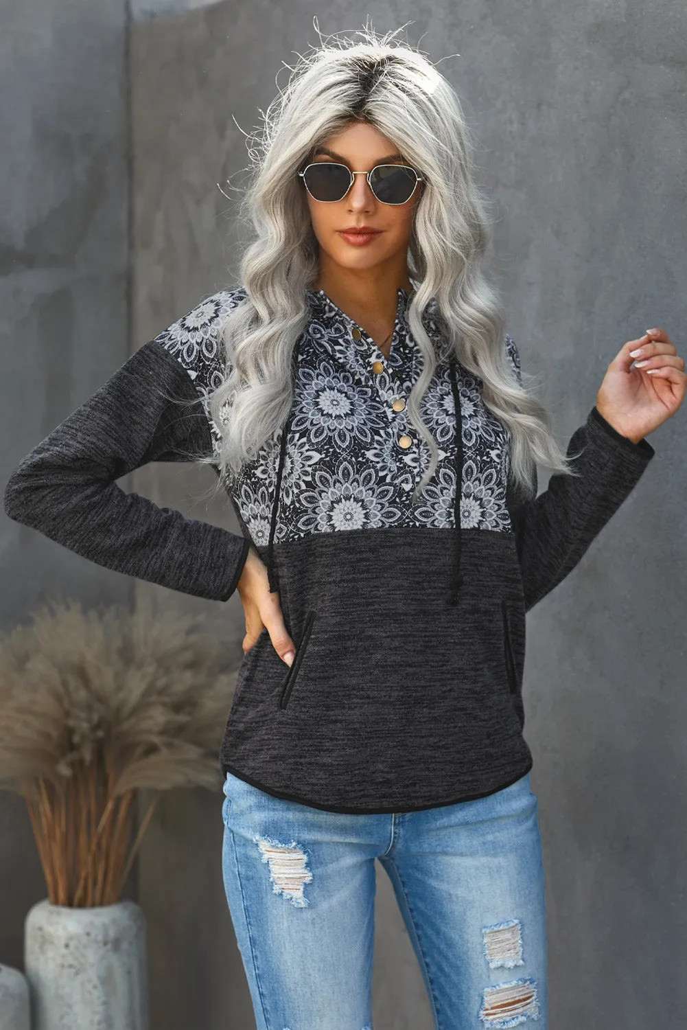 Casual Black Tribal Print Vintage Pocket Hoodie