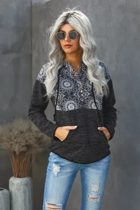 Casual Black Tribal Print Vintage Pocket Hoodie