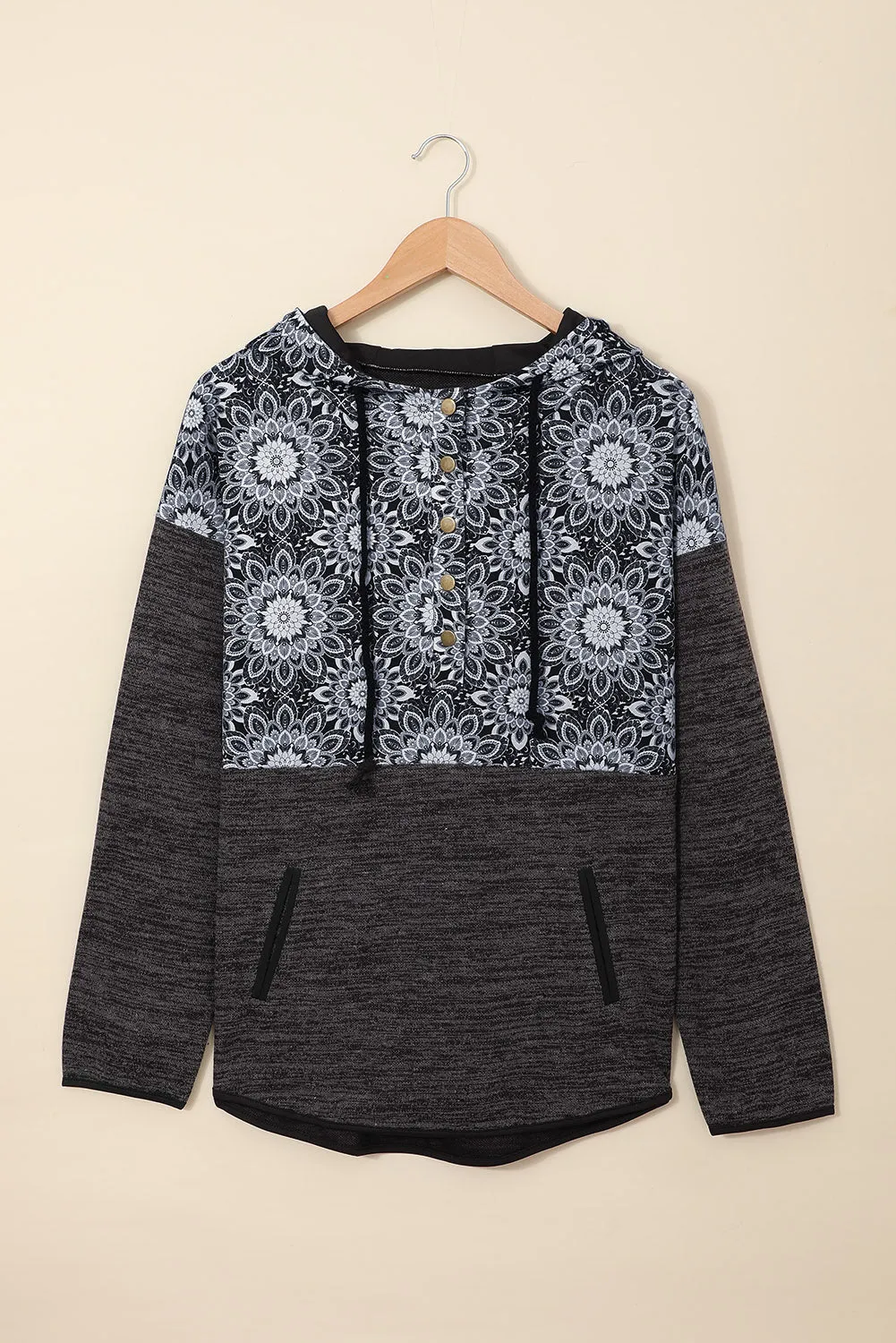 Casual Black Tribal Print Vintage Pocket Hoodie