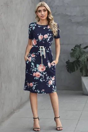 Casual Navy Blue Short Sleeve Pocketed Drawstring Midi Floral Dress