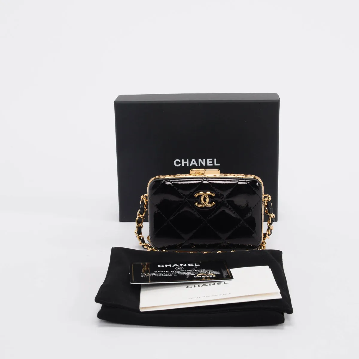 Chanel Black Glazed Goatskin Mini Box with Chain