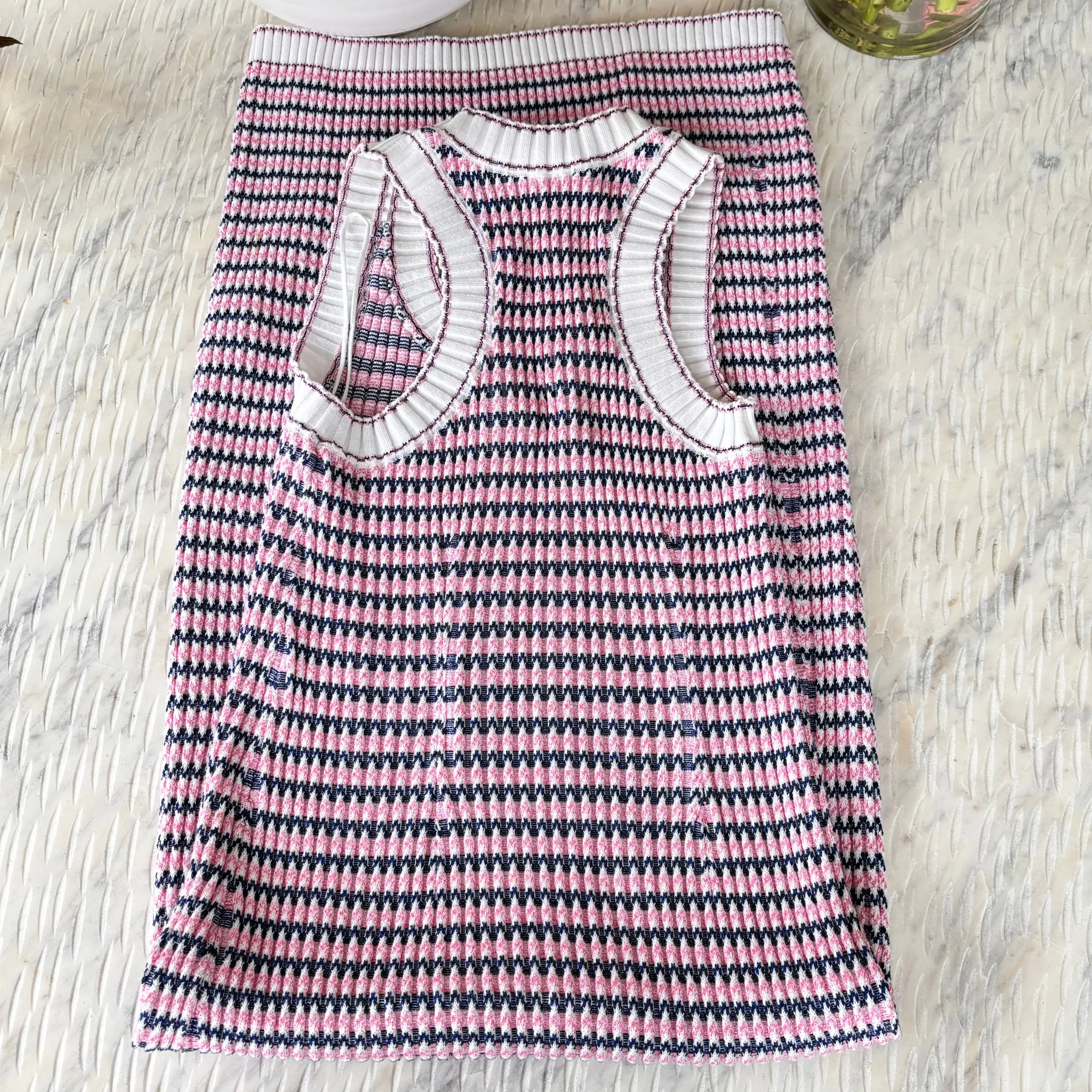 Chanel CC Long Knit Pink Navy White Dress