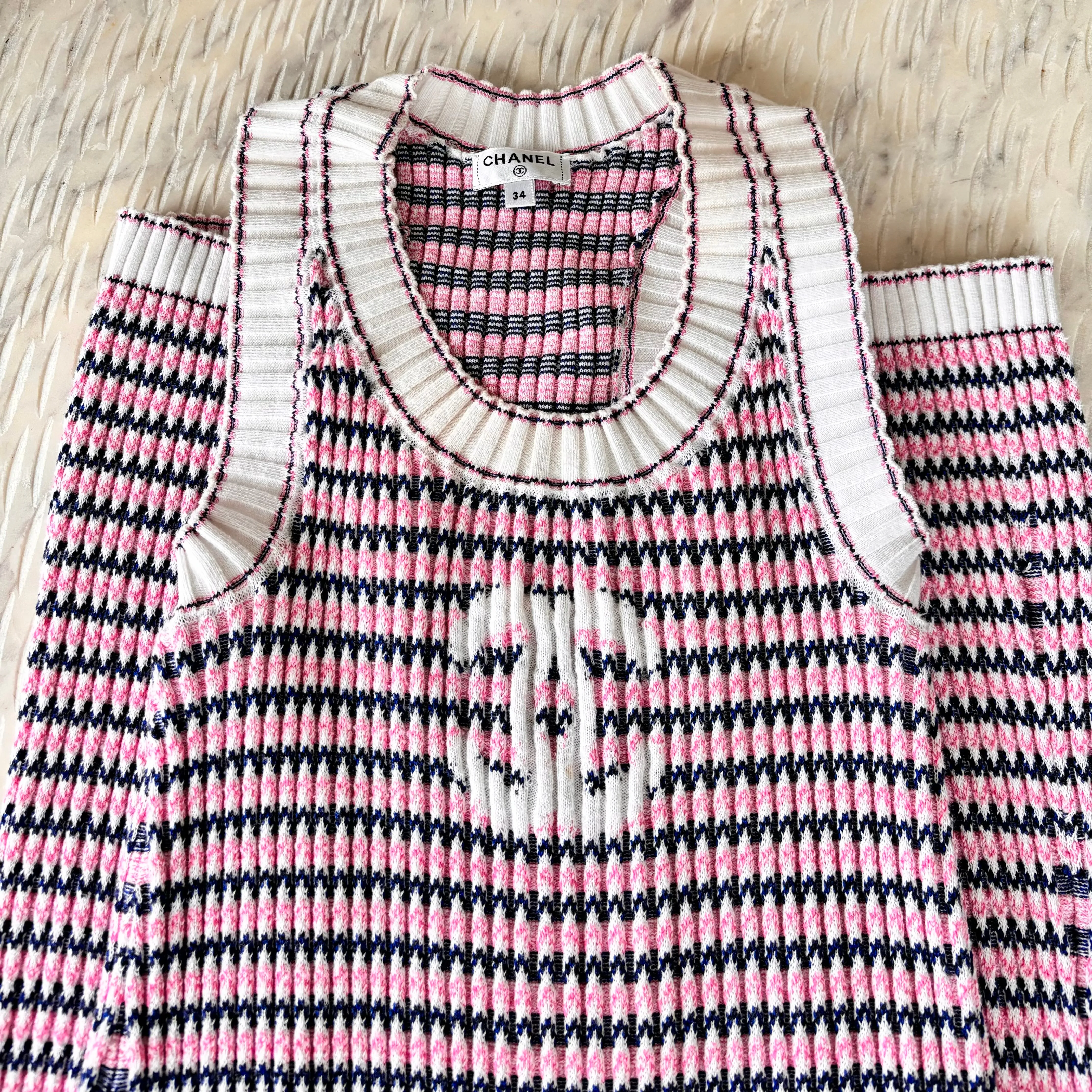 Chanel CC Long Knit Pink Navy White Dress