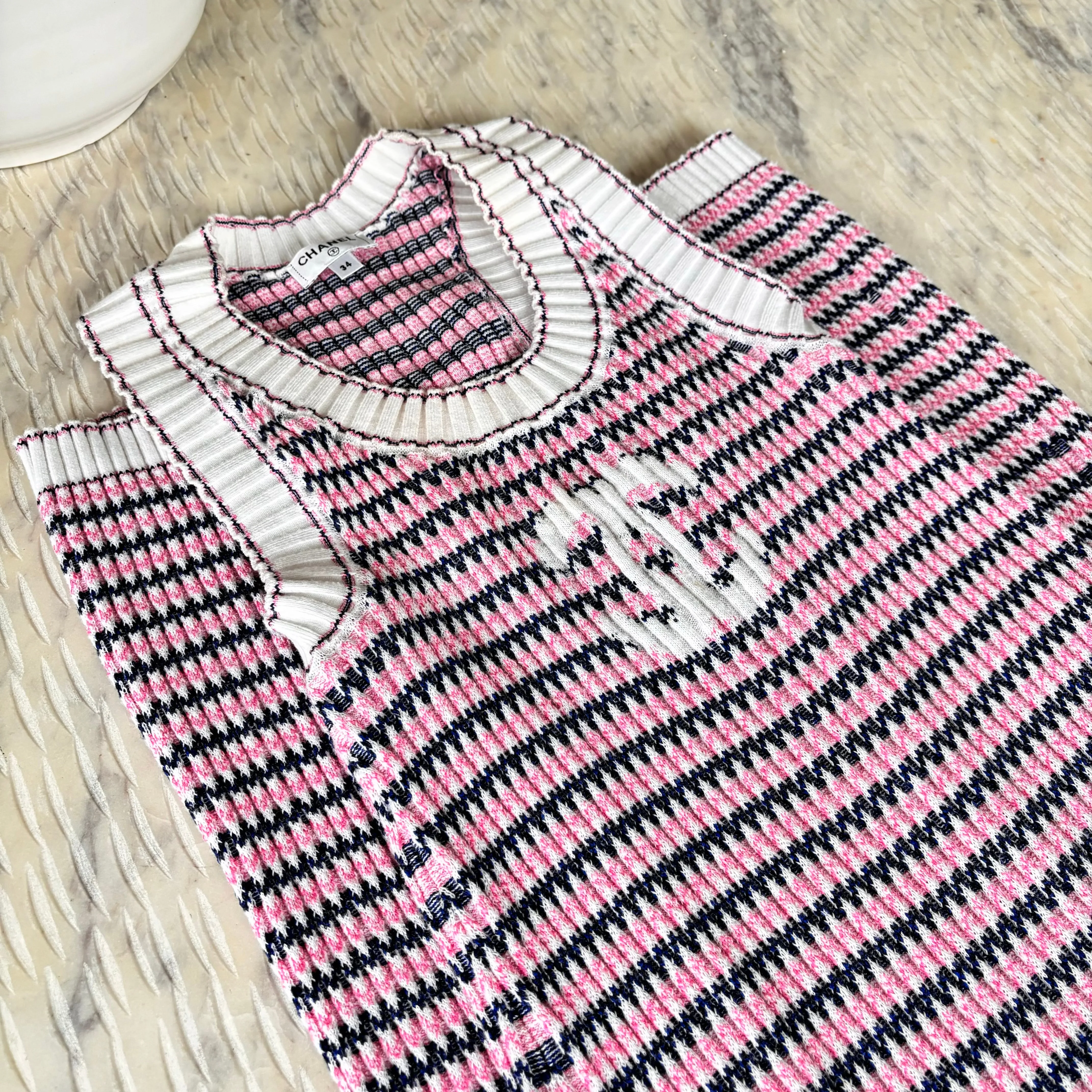 Chanel CC Long Knit Pink Navy White Dress