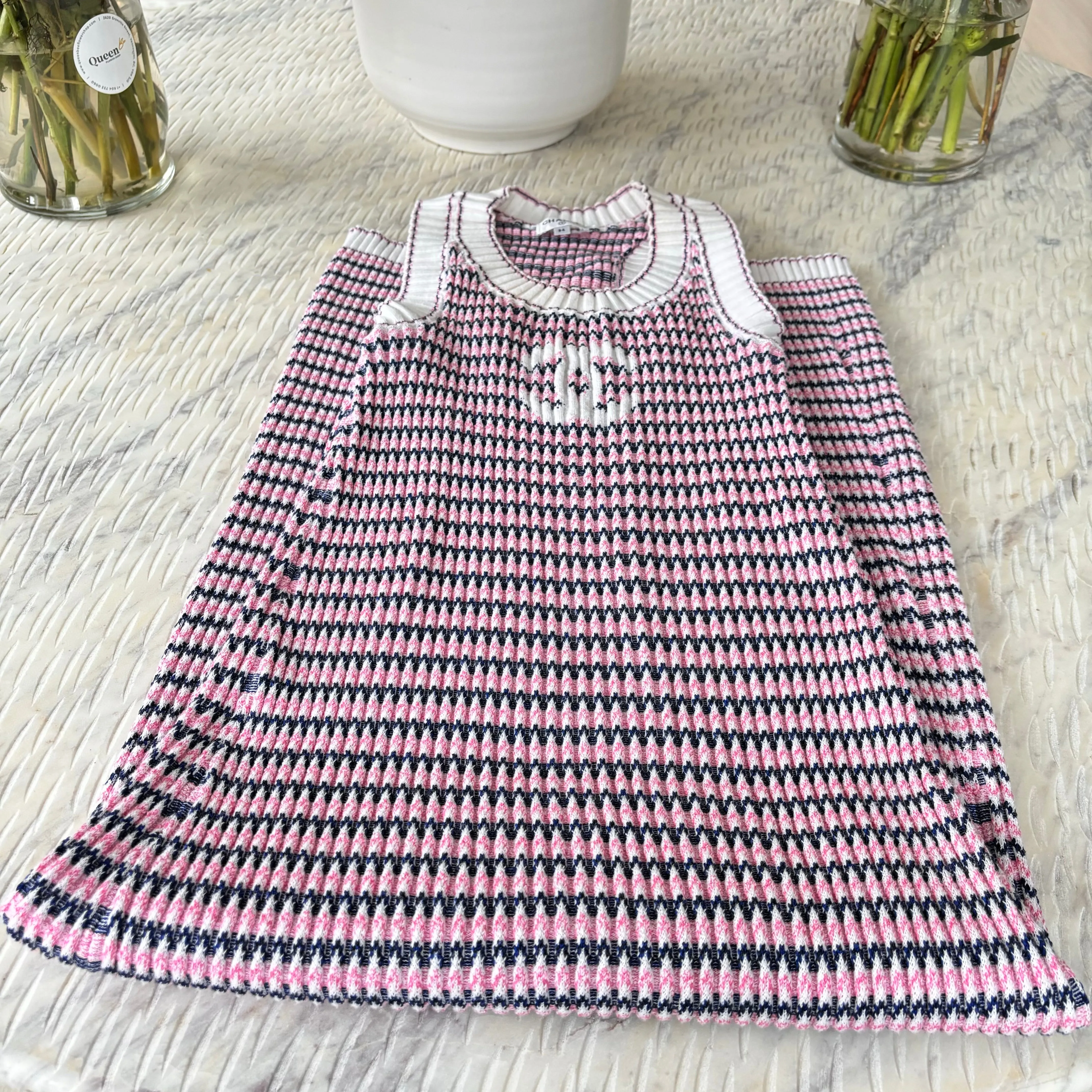 Chanel CC Long Knit Pink Navy White Dress