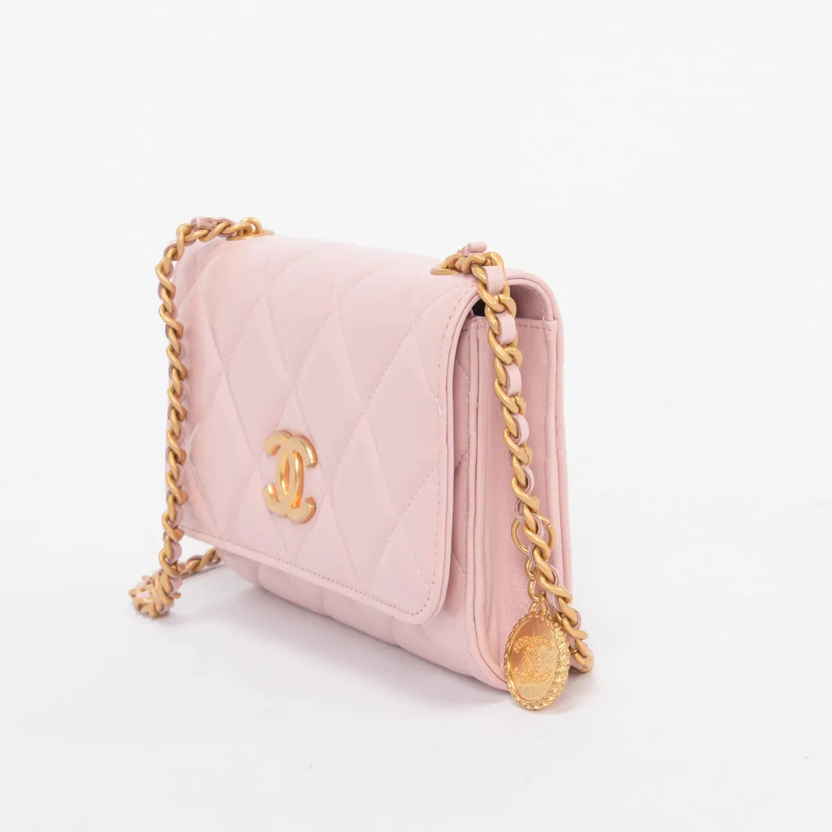 Chanel Pink Glossy Lambskin CC Medallion Wallet on Chain