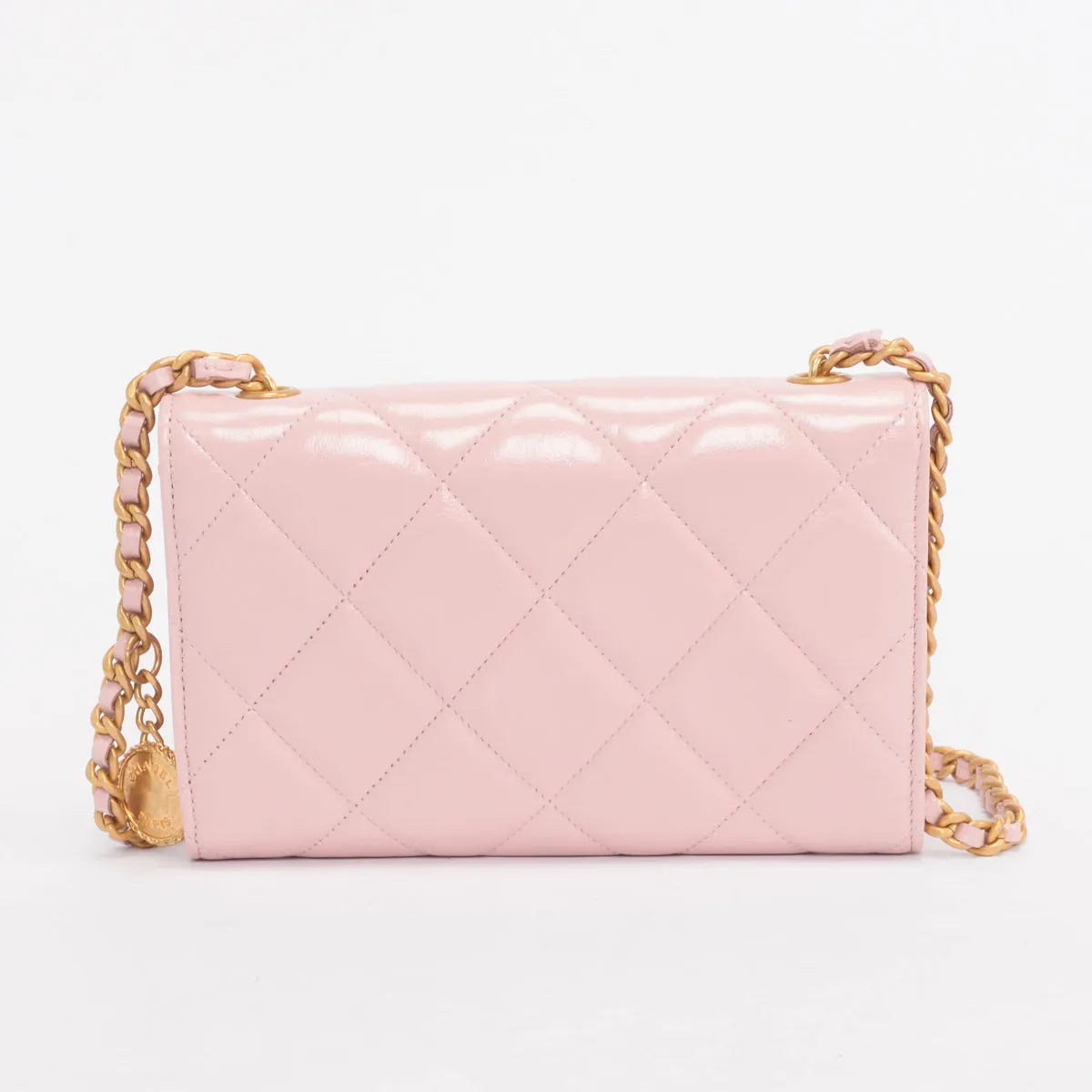 Chanel Pink Glossy Lambskin CC Medallion Wallet on Chain