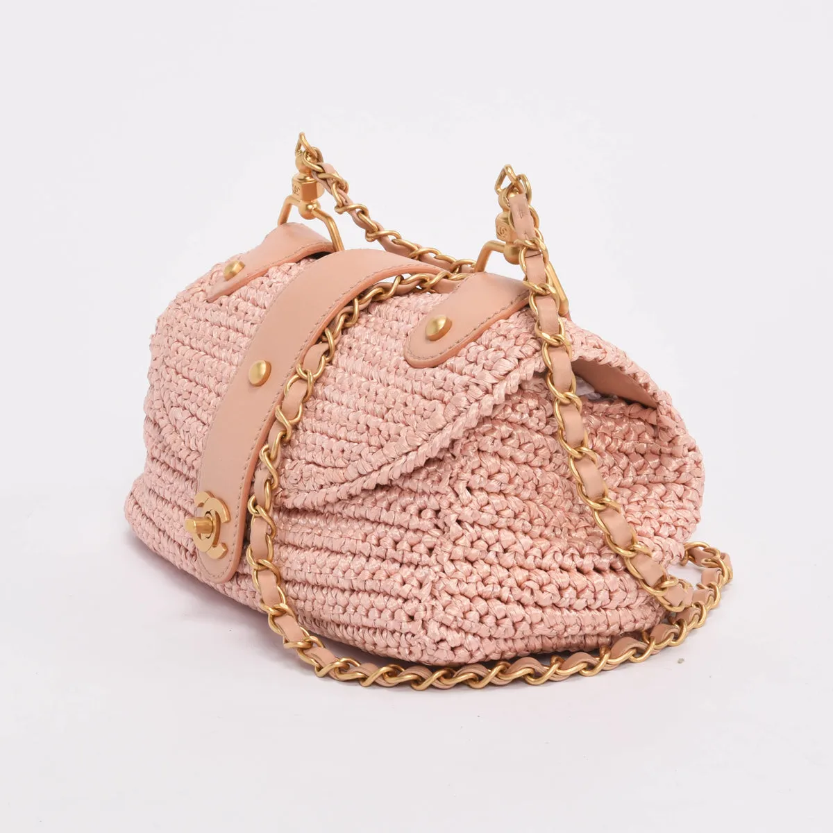 Chanel Pink Woven Raffia Single Flap Cross Body Bag