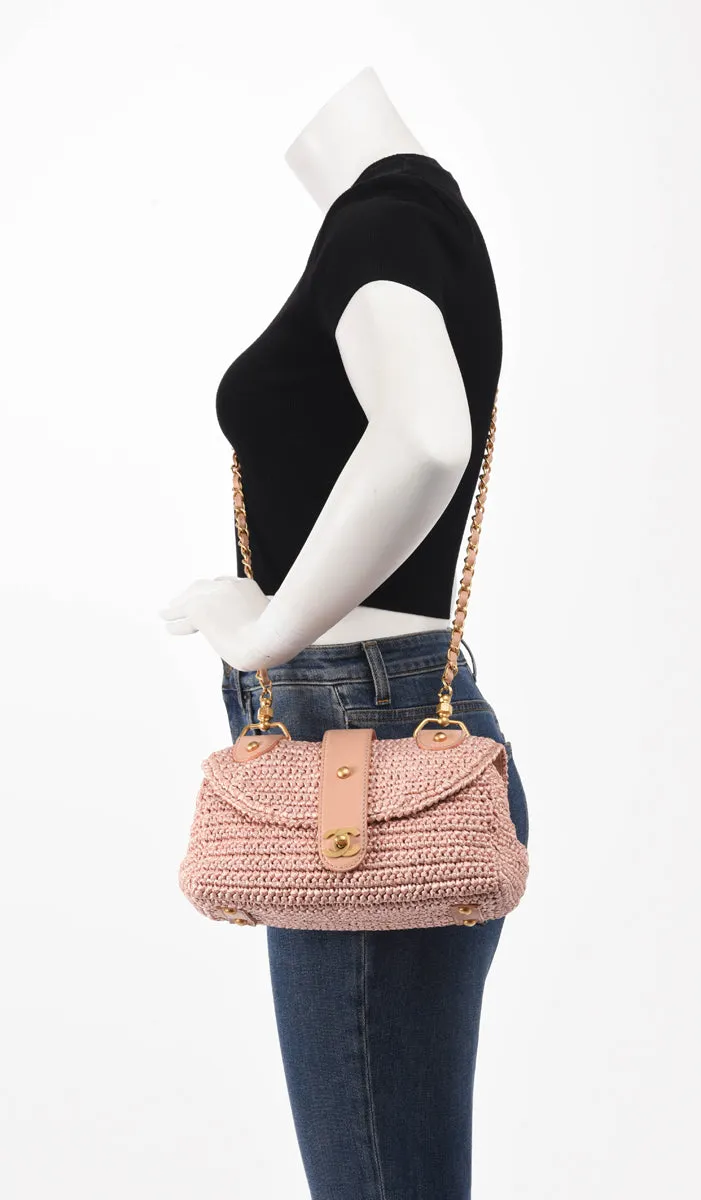 Chanel Pink Woven Raffia Single Flap Cross Body Bag