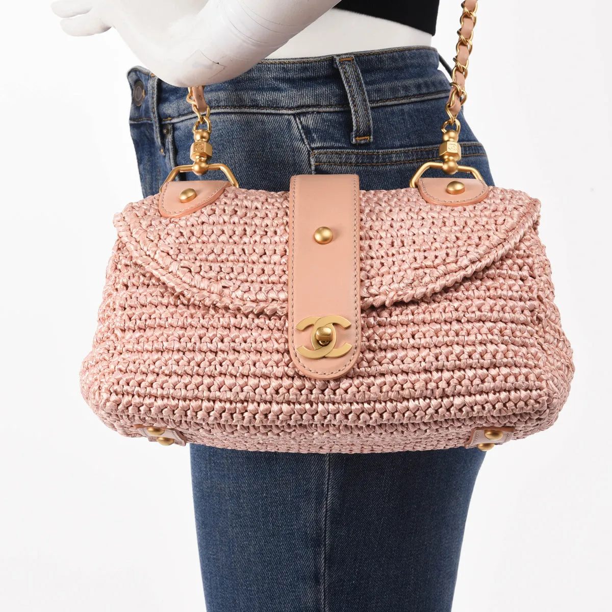 Chanel Pink Woven Raffia Single Flap Cross Body Bag