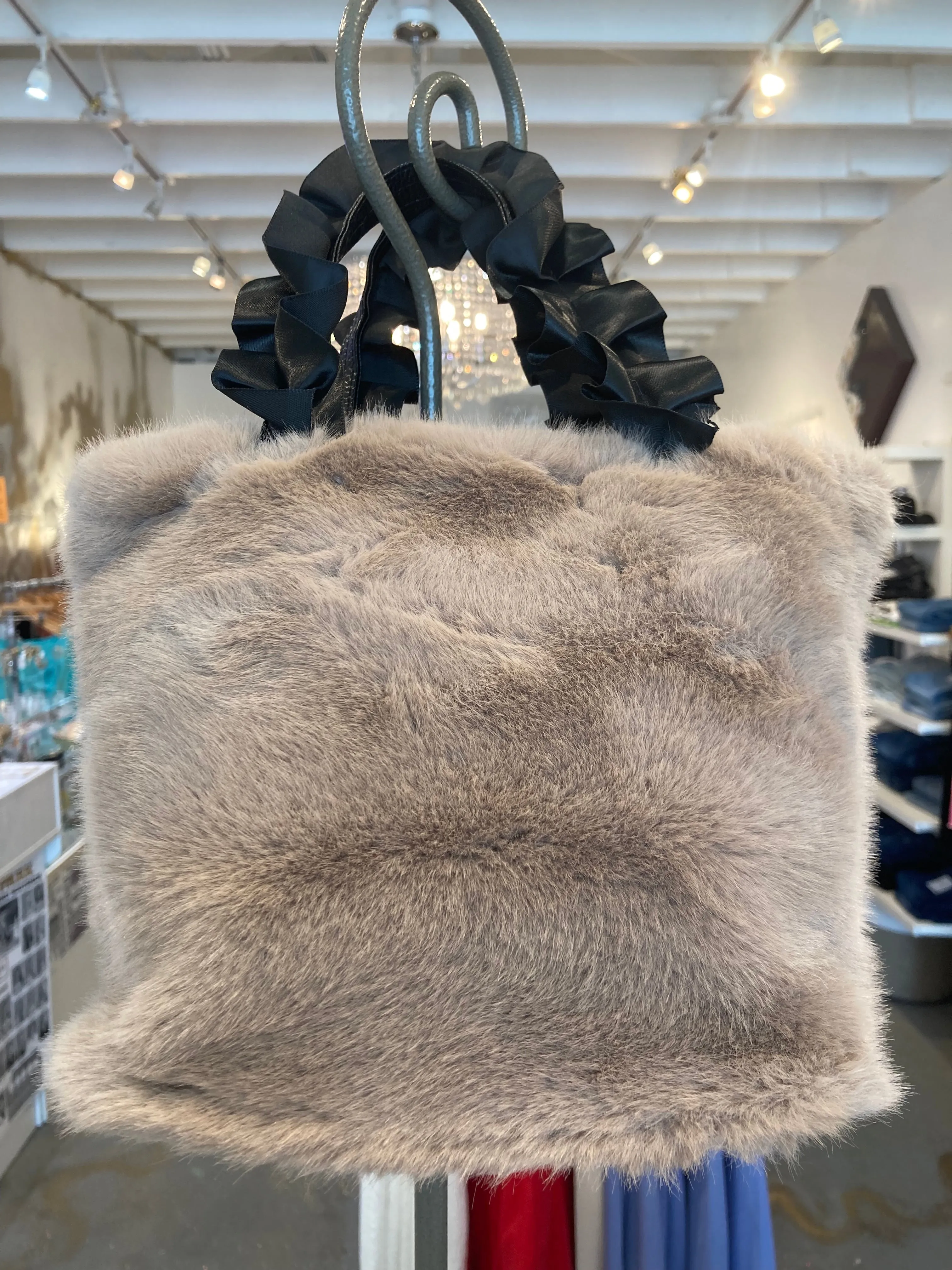 Faux fur mini tote purse with leather handles