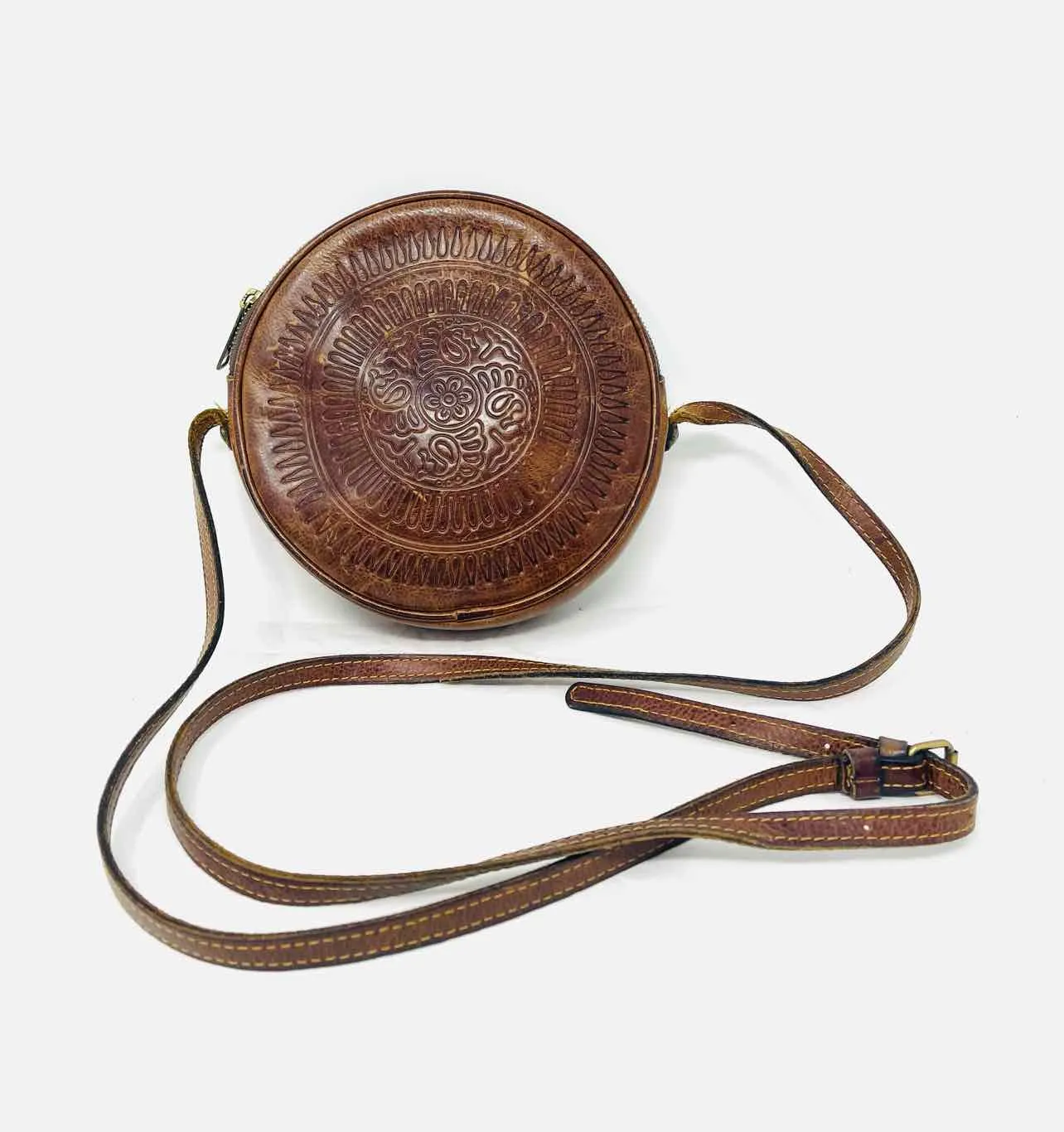 Patricia Nash Size Circle Brown Embossed Leather Designer Crossbody Purse