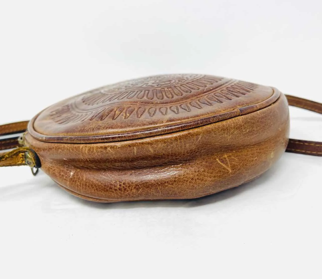 Patricia Nash Size Circle Brown Embossed Leather Designer Crossbody Purse