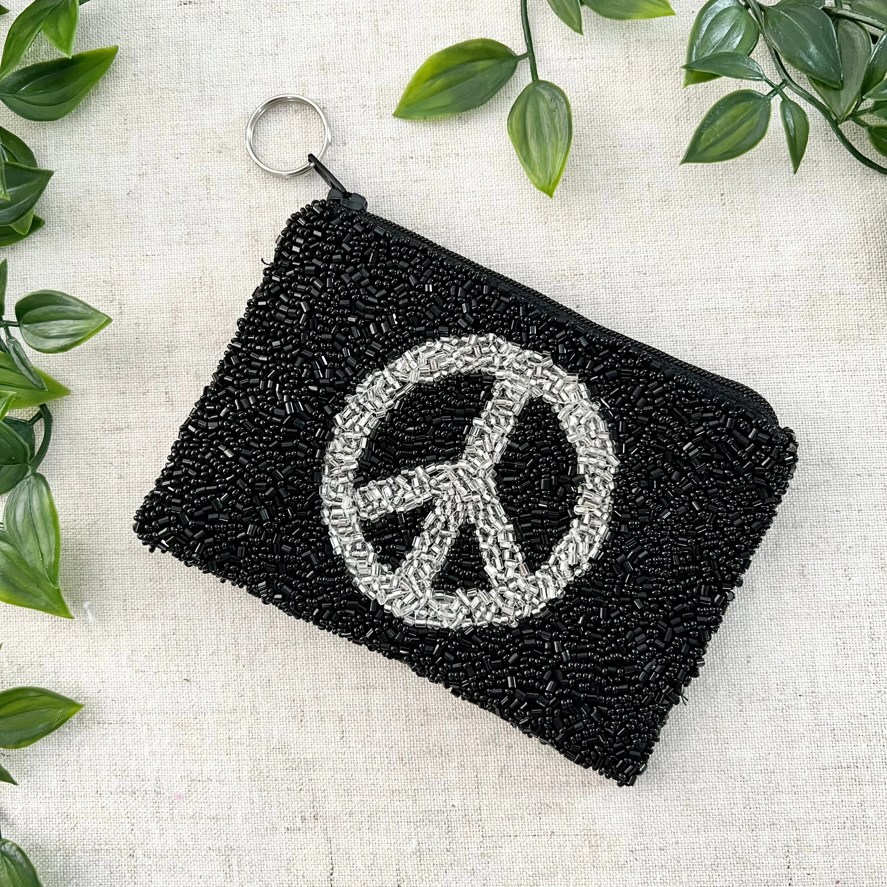 Peace Beaded Coin Purse - Black