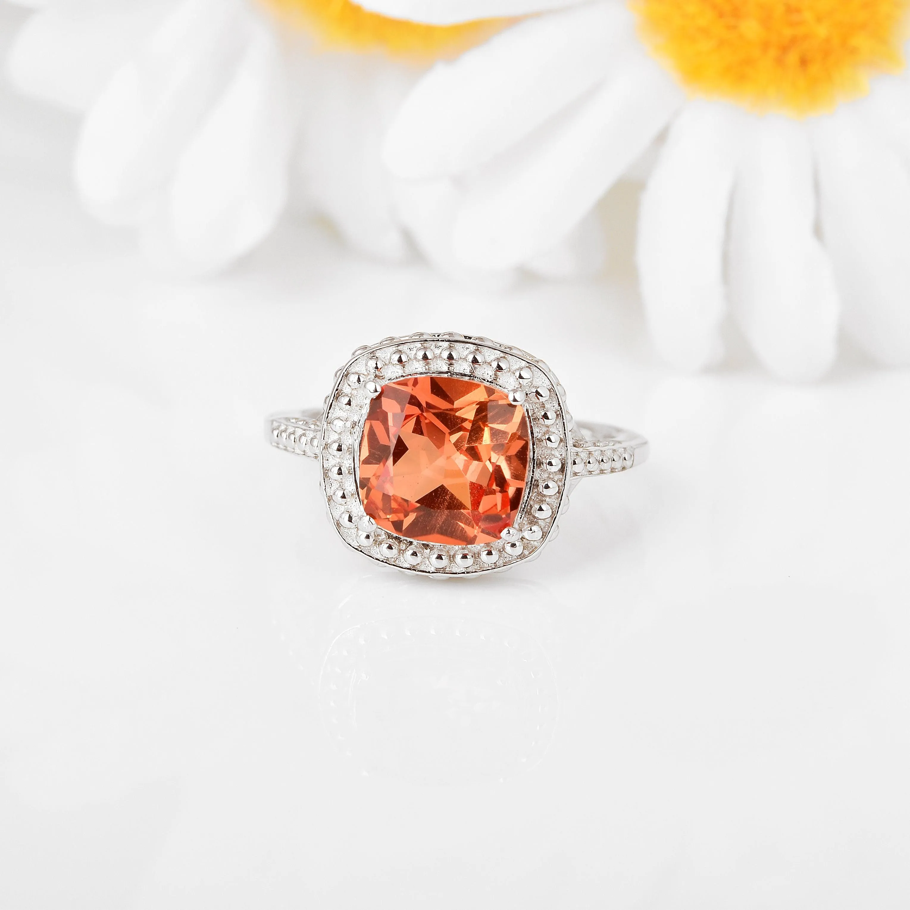 Peach Sapphire Cushion Ring