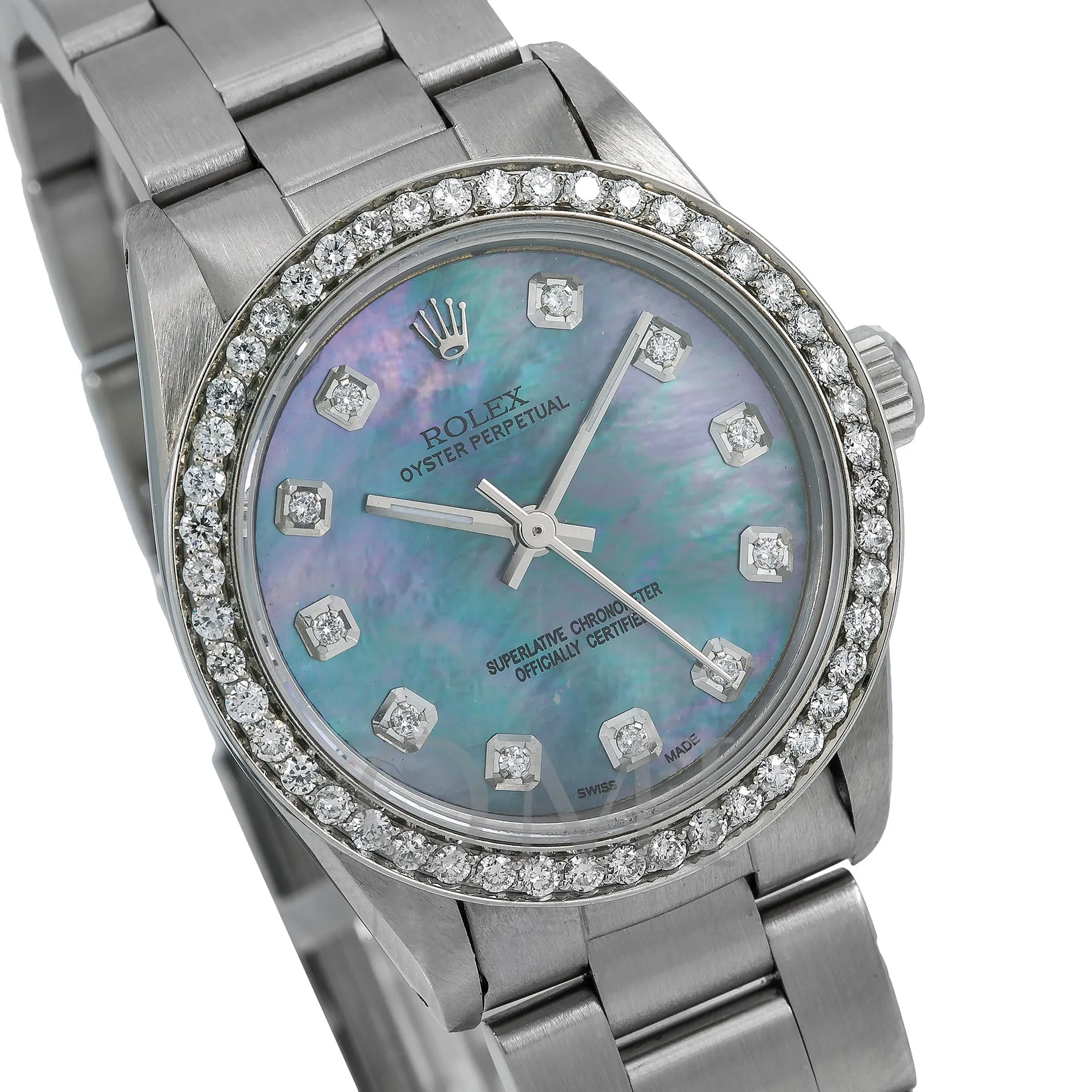 Rolex Oyster Perpetual 67513 31MM Blue Mother of Pearl Diamond Dial With 1.05 CT Diamonds